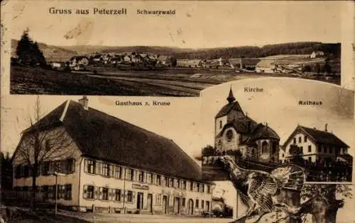 Ak Peterzell Sankt Georgen im Schwarzwald, Panorama, Gasthaus zur Krone, Kirche, Rathaus, Auerhahn