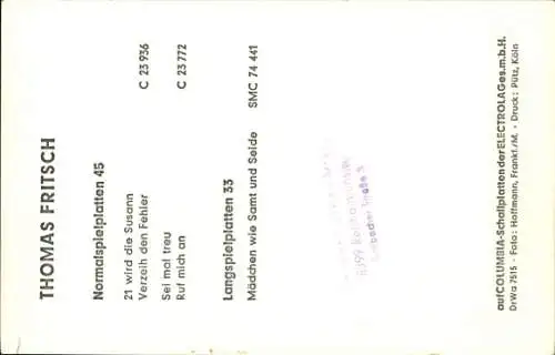 Ak Sänger Thomas Fritsch, Portrait, EMI Columbia Records, Autogramm