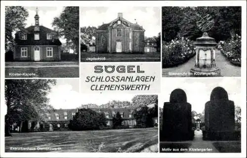 Ak Sögel Emsland, Schlossanlagen Clemenswerth, Klosterkapelle, Jagdschloss, Sonnenuhr, Klostergarten