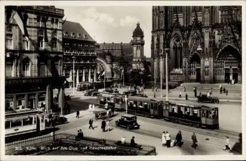 Ak Köln am Rhein, Hauptbahnhof und Deichmann-Haus, Restaurant Schmid am Dom, Straßenbahn