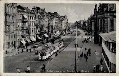 Ak Köln, Habsburger Ring mit Opernhaus und Terrasse, Straßenbahn