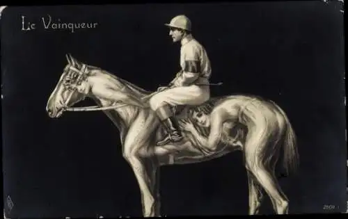 Künstler Ak Le Vainqueur, Jockey, Pferd, Frauenkörper, Metamorphose, PFB 2608/1