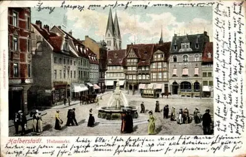 Ak Halberstadt am Harz, Holzmarkt, Springbrunnen