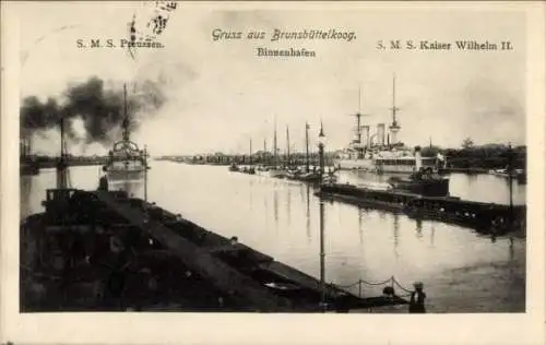 Ak Brunsbüttelkoog Brunsbüttel in Dithmarschen, S.M.S. Preußen, S.M.S. Kaiser Wilhelm II.