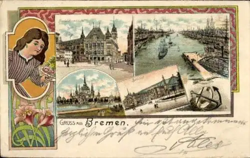 Litho Hansestadt Bremen, Freihafen, Bahnhof, Gericht