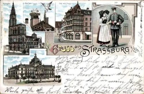 Mondschein Litho Strasbourg Straßburg Elsass Bas Rhin, Münster, Storchnest, Kaiserpalast