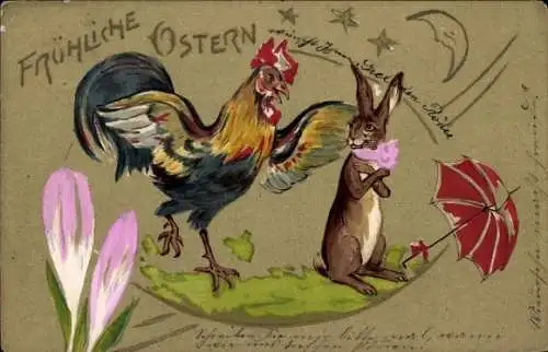 Litho Glückwunsch Ostern, Osterhase, Hahn, Sonnenschirm