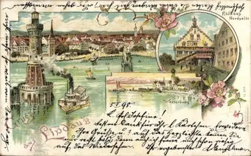 Litho Lindau am Bodensee Schwaben, Leuchtturm, Wasserburg, Rathaus