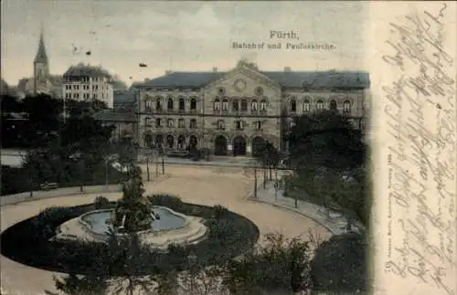 Ak Fürth in Mittelfranken Bayern, Bahnhof, Pauluskirche