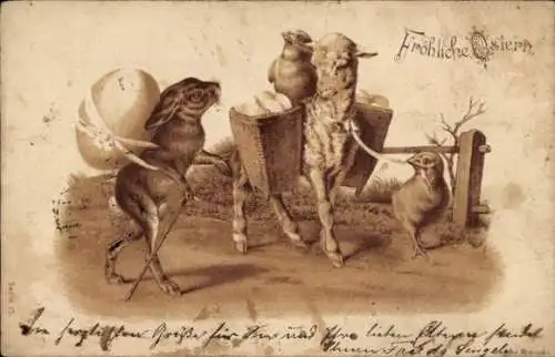 Präge Litho Glückwunsch Ostern, Lamm, Küken, Ostereier, Osterhase