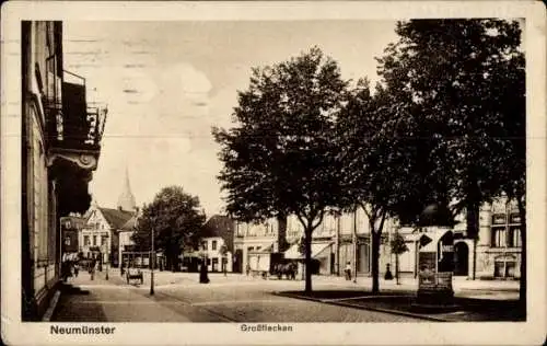 Ak Neumünster in Schleswig Holstein, Großflecken, Geschäftshäuser, Litfaßsäule