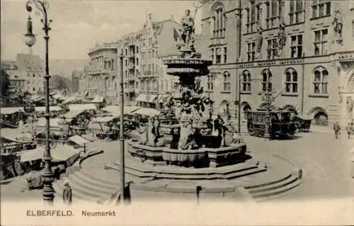 Ak Elberfeld Wuppertal, Neumarkt, Brunnen, Straßenbahn