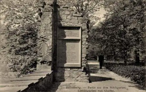 Ak Heidelberg am Neckar, Stückgarten, Lieblingsplatz von Goethe, Gedenktafel