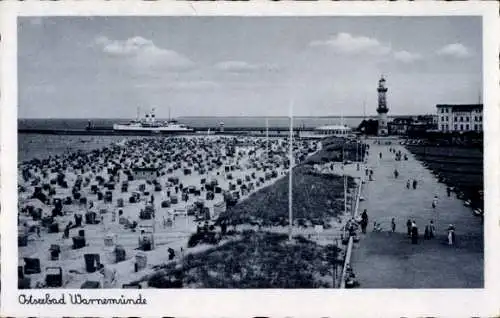 Ak Ostseebad Warnemünde Rostock, Strand, Leuchtturm, Dampfer