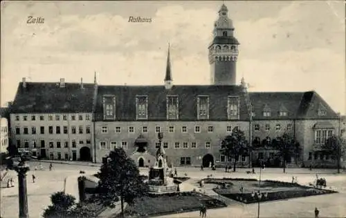 Ak Zeitz in Sachsen Anhalt, Rathaus, Totalaufnahme, Brunnen