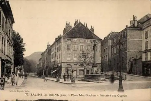 Ak Salins les Bains Jura, Place Max Buchon, Fontaine des Cygnes, Tabakgeschäft