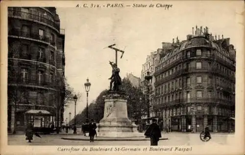 Ak Paris VII, Kreuzung Boulevard St-Germain und Boulevard Raspail, Statue von Chappe