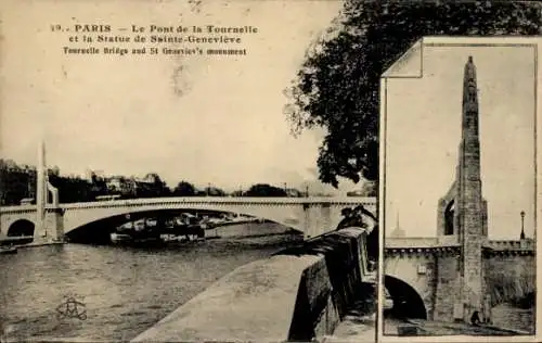 Ak Paris V, Pont de la Tournelle, Statue der Heiligen Geneviève