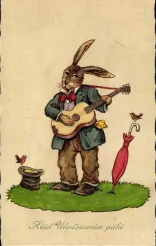 Ak Glückwunsch Ostern, Vermenschlichter Hase spielt Gitarre