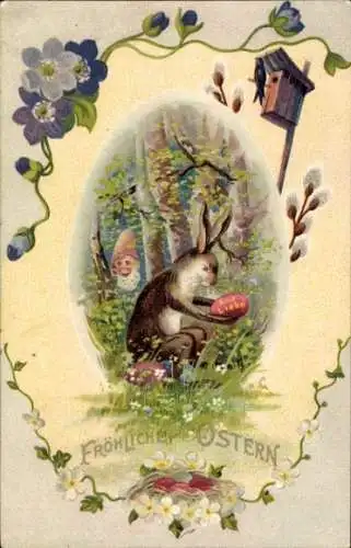 Ak Glückwunsch Ostern, Hase versteckt Eier, Zwerg