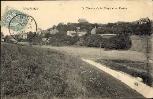 Ak Veulettes sur Mer Seine Maritime, Chemin de la Plage, le Valion