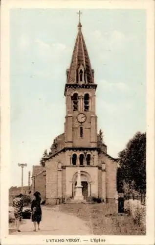 Ak L'Étang Vergy Côte d'Or, Blick zur Kirche, Frauen