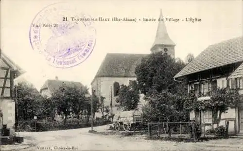 Ak Traubach le Haut Obertraubach Alsace Haut Rhin, Dorfeingang, Kirche