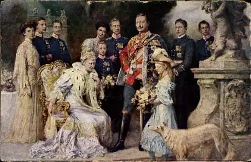 Künstler Ak Keller, F., Kaiserhaus, Wilhelm II, Kaiserin Auguste Viktoria, Kronprinz, Windhund