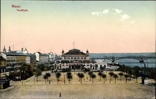 Ak Mainz am Rhein, Stadthalle, Brücke