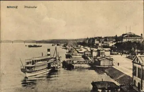 Ak Mainz am Rhein, Rheinufer, Anleger, Schiffe, Brücke