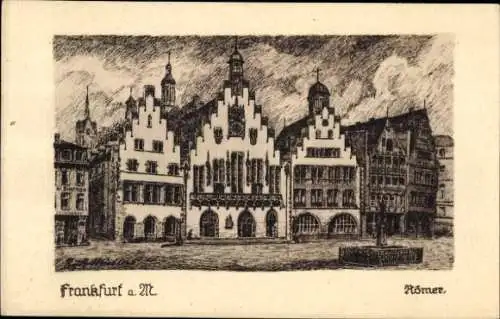 Künstler Ak Frankfurt am Main, Römer, Original-Federzeichnung v. Rudi Müllers