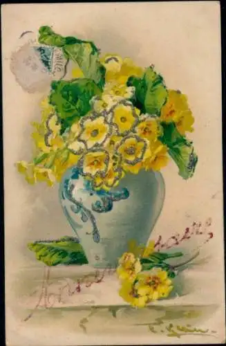 Glitzer Künstler Litho Klein, C., Gelbe Blumen in der Blumenvase