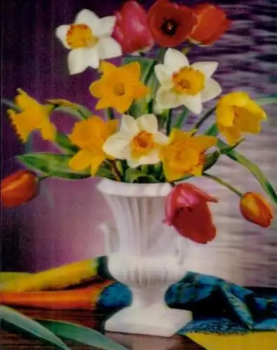 3 D Ak Blumen in der Blumenvase, Narzissen, Tulpen