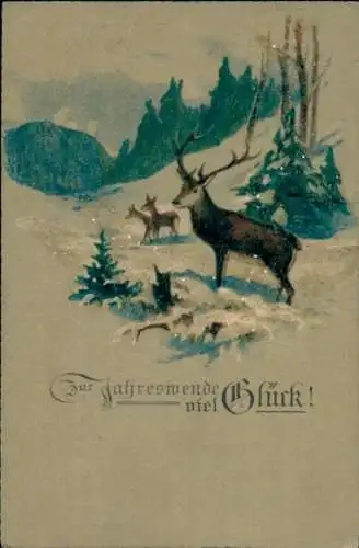 Glitzer Ak Glückwunsch Neujahr, Hirsch, Wald, Tannenbäume