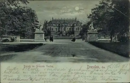 Mondschein Ak Dresden, Palais im Großen Garten, Statuen, Passanten