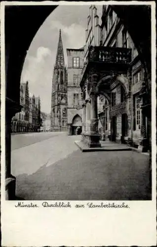 Ak Münster in Westfalen, Prinzipalmarkt mit Rathausbogen, Lambertikirche