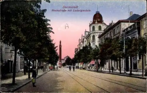 Ak Darmstadt in Hessen, Rheinstraße mit Ludwissäule