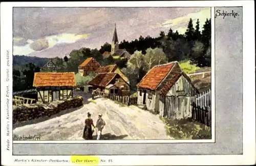 Künstler Ak Bahndorf, Heribert, Schierke Wernigerode am Harz, Teilansicht, Kirche