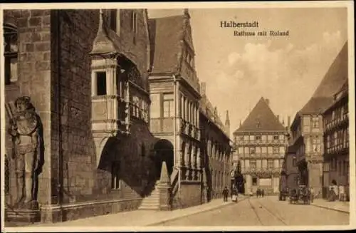 Ak Halberstadt am Harz, Rathaus mit Roland