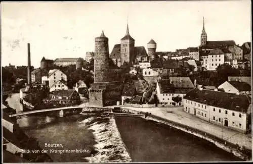 Ak Bautzen in der Lausitz, Blick von der Kronprinzenbrücke, Wehr, Wasserkunst, Wasserturm