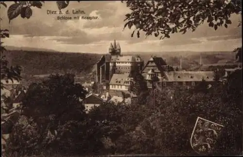 Ak Diez an der Lahn, Schloss mit Rezeptur, Wappen