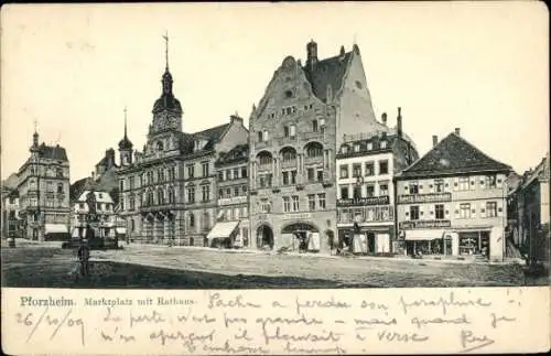 Ak Pforzheim im Schwarzwald, Marktplatz, Rathaus