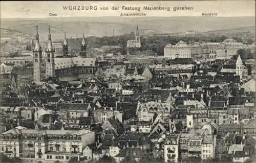 Ak Würzburg am Main Unterfranken, Panorama von der Festung Marienberg gesehen, Dom, Residenz