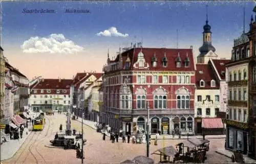 Ak Saarbrücken, Marktplatz, Brunnen, Straßenbahn