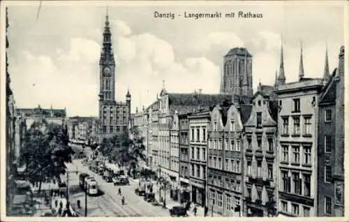 Ak Gdańsk Danzig, Langemarkt, Rathaus, Straßenbahn