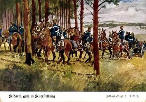 Künstler Ak Döbrich Steglitz, Feldartillerie Regiment 2, Feuerstellung