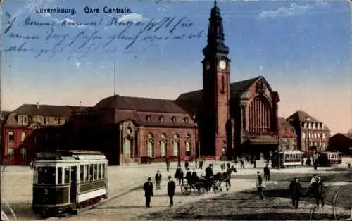 Ak Luxemburg, Blick auf den Hauptbahnhof, Straßenbahn