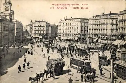 Ak Madrid Spanien, Puerta del Sol, Straßenbahn