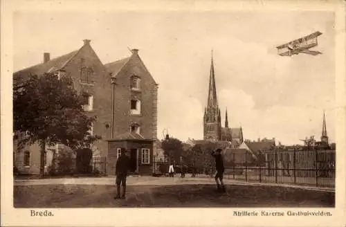 Ak Breda Nordbrabant Niederlande, Artillerie Kaserne, Kirche, Doppeldecker im Flug