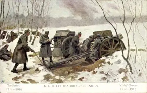 Künstler Ak K. u. K. Feldhaubitz Regt. Nr. 27, Weltkrieg 1914 1916